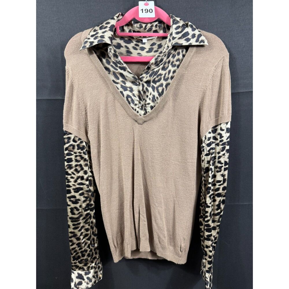 (S) - Caché Luxe Women's Camel V-Neck Knit Sweater 100% Silk Leopard Layered Top